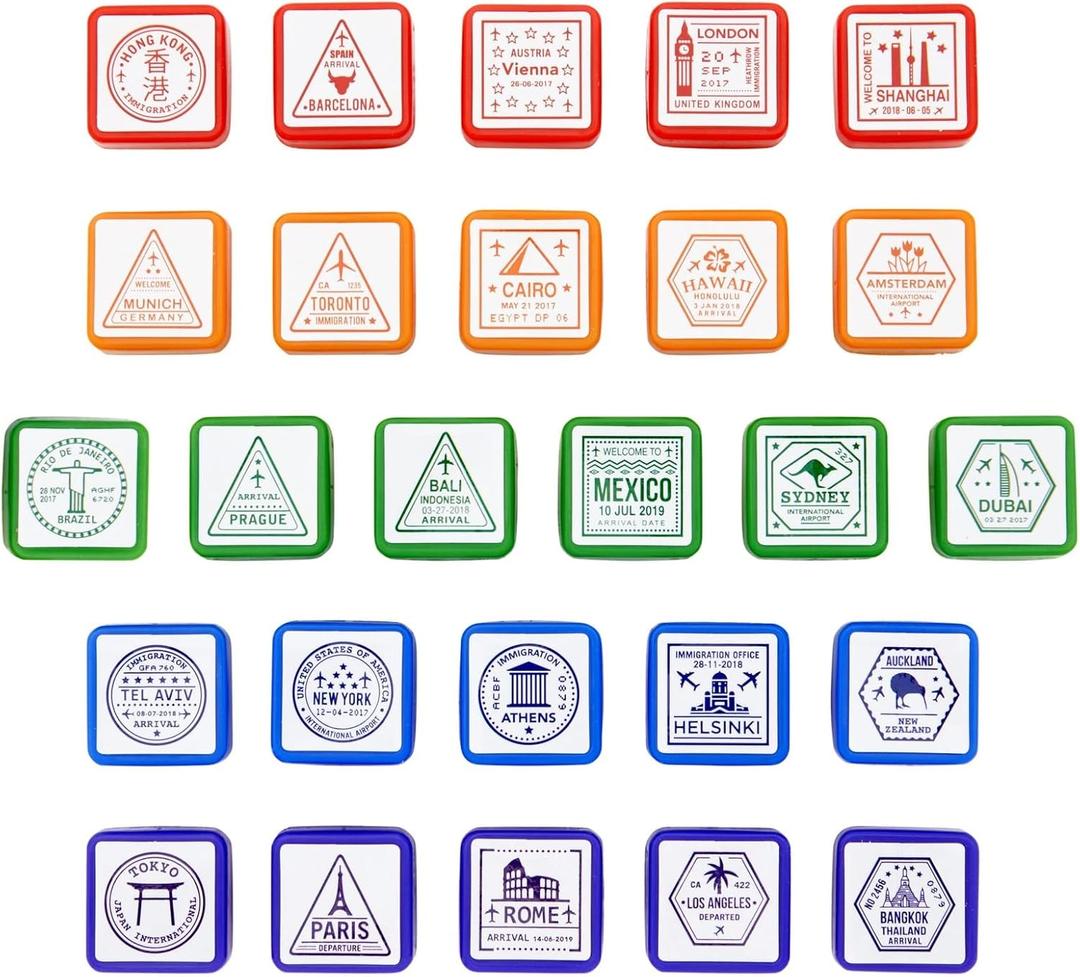 Bright Creations Passport Stamps, City and Country Stamp Set (1 x 1 in, 26 Pieces)