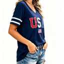 Decogiver Shirt Women V-Neck Short Sleeve Graphic Top (Blue)