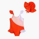 Toddler Bathing Suit with Hat Baby Girl Color Block Summer Sleeveless Swimsuit Kids Beach Swimwear 2-3 Y