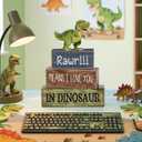 Lineshading 4 Pcs Dinosaur Table Decorations Wooden Dinosaur Decor Dino Safari Party Centerpieces for Table Jungle Animal Theme Baby Shower Tabletop Stand for Boys Girls Birthday Party Decorations