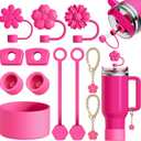 12Pcs Compatible with Stanley Cup Accessories - 3 Flower Straw Toppers for Stanley Straw Cover 9-10 mm, 1 Silicone Boots, 6 Spill Proof Stopper, 2 Charms for 30&40 Oz Tumbler Hot Pink