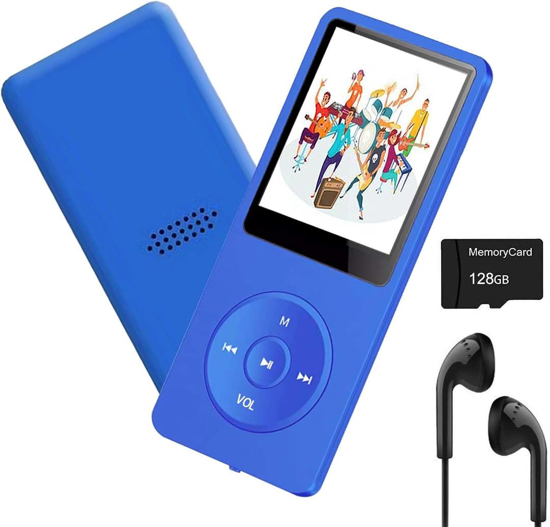 MP3 Player 128GB with Bluetooth 5.2 Portable Music Player with 1.8" Screen Built-in Speaker Support FM Radio Voice Recorder E-Book Earphones Included, Blue