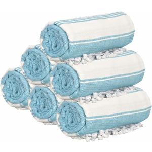 GLAMBURG Peshtemal Turkish Towel Cotton Oversized Beach Towels 36x71 Set of 6 for Adults, Soft Durable Absorbent Extra Large Bath Sheet Hammam - Aqua Blue