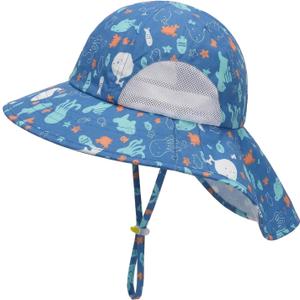2 x Kids UPF50+ Protection Sun Hat with Neck Flap Wide Brim, Ponytail Beach Summer Bucket Hat for Girls Boys (Blue)