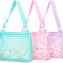 Tagitary Beach Toy Mesh Beach Bag Sand Toy Seashell Bag for Holding Shells Pool Bag with Zipper Swimming Accessories for Kids Boys and Girls(Only Bags,A Set of 3) (Rose Pink+lilac Purple+aruba Blue)