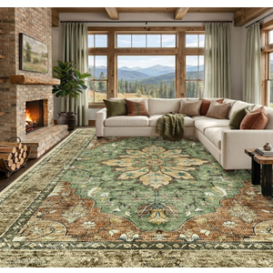 RELEANY Washable Area Rug, Large 10'x14', Brick/Brown/Green | Non-Slip, Water Repellent, Pet Friendly, Easy to Clean, Vintage Floral Boho Decor for Living Room Bedroom Dining Room