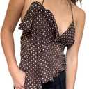 Women Deep V Neck Polka Dot Cami Shirts Spaghetti Strap Halter Tank Vest Tops Open Back Tie Camisole with Scarf (Brown, L)