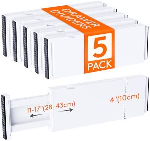 Lifewit 5 Pack Drawer Dividers 4" High, 11-17" Adjustable Dresser Drawer Organizers for Clothes, Expandable Dresser Separators in Bedroom/Bathroom/Kitchen/Vanity/Office Organization and Storage, White