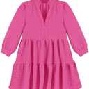 Girls 3/4 Sleeve Flowy Dresses Casual V Neck Texture A Line Layered Sundress for Kids with Pockets Size 5-14, L (Pink)