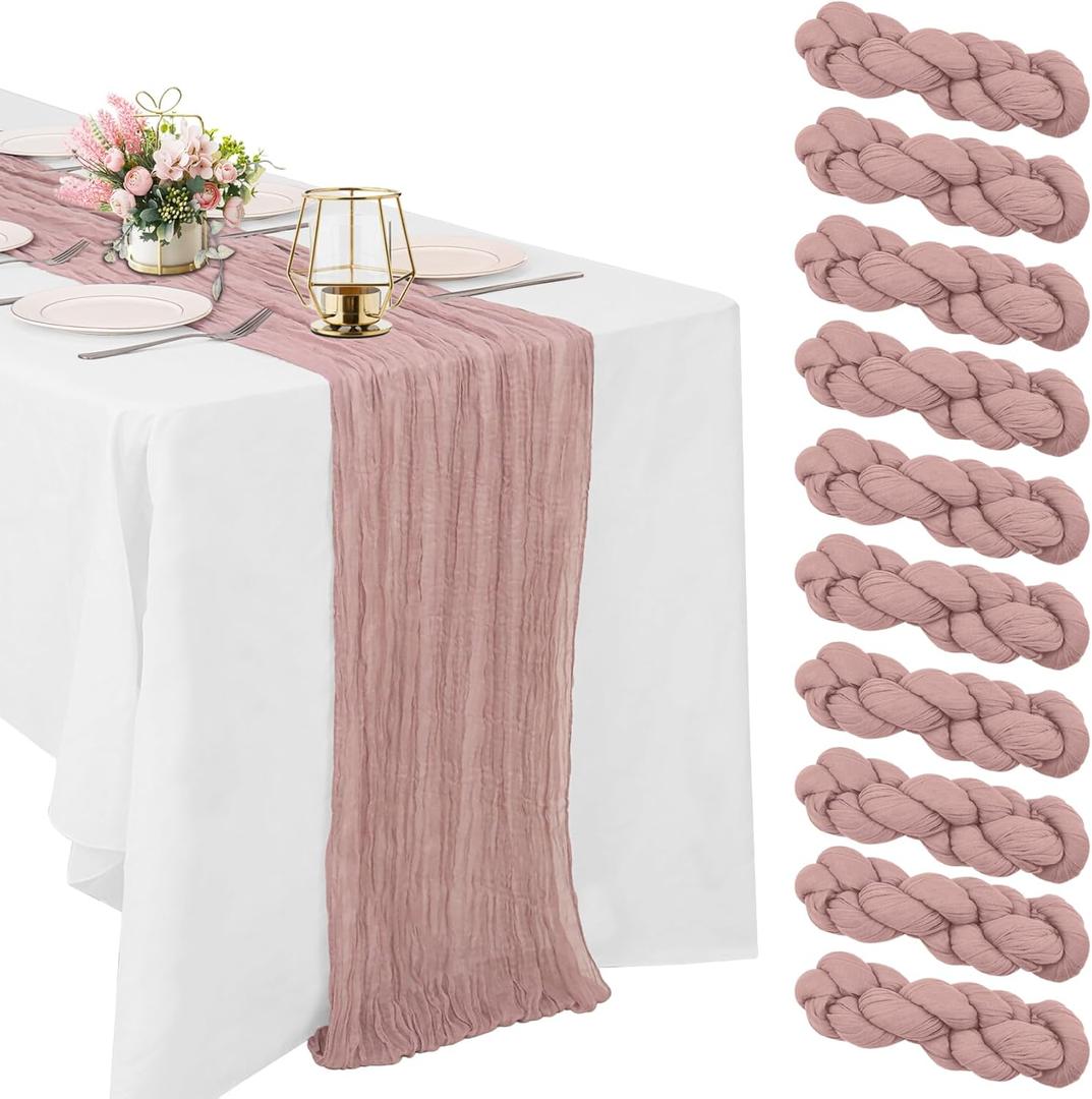 10 Pack Dusty Pink Cheesecloth Table Runner 10FT Boho Gauze Fabric Table Runner Vintage Rustic Sheer Runners for Wedding Party Bridal Baby Shower Long Table Decorations (20"x120")