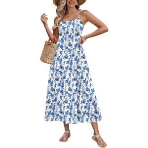 Zeagoo Women's Summer Casual Boho Sundress Spaghetti Strap Square Neck Flowy Midi Dresses A Line Beach Dress with Pockets (Large)