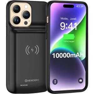NEWDERY 10000mAh Battery Case for iPhone 14/14 Pro/13/13 Pro 6.1", Qi Wireless Charging & Wired Headset & Sync-Data Supported, Portable Protective Charger Cover