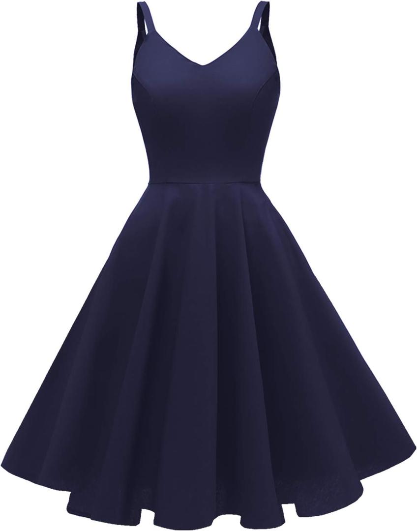 GOOBGS Women's 1950s Retro Vintage Spaghetti Strap Cocktail Swing Dresses with Pockets (Medium, A-navy Blue)