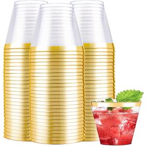 Nervure 240PCS Gold Plastic Cups - 9Oz Gold Rimmed Plastic Cups - Heavy Duty Disposable Clear Cup with Gold Rim Perfect for Weddings, Receptions & Parties