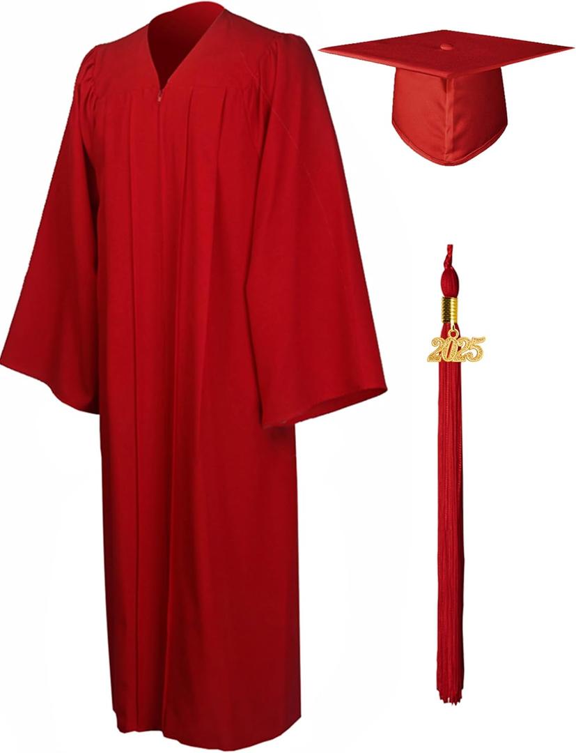 GraduationMall Matte Graduation Gown Cap Tassel Set 2025 for High School and Bachelor (54, Red)