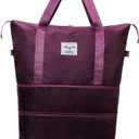 Travel Tote Bag with Trolley Sleeve Expandable Extra Duffel Bag with Wheels Lightweight Traveling Foldable Suitcase (Purplish Red)