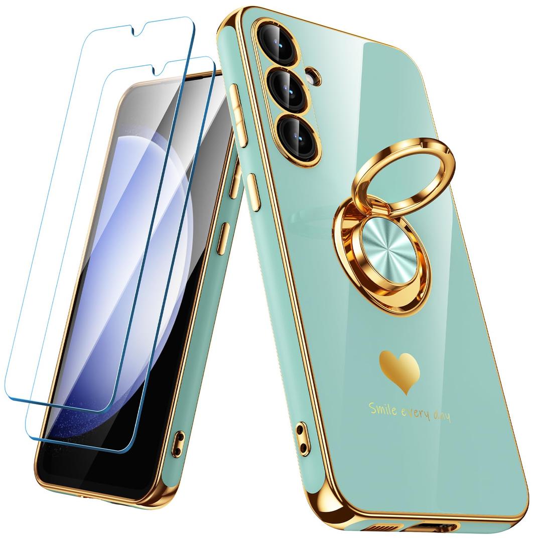 Nonional for Samsung Galaxy S23 FE 5G Case with 2 Pack Screen Protector, 360° Rotatable Ring Holder [Luxury Hearts Pattern] Plating Gold Edge Slim Soft Phone Cover Case for Galaxy S23 FE - Mint