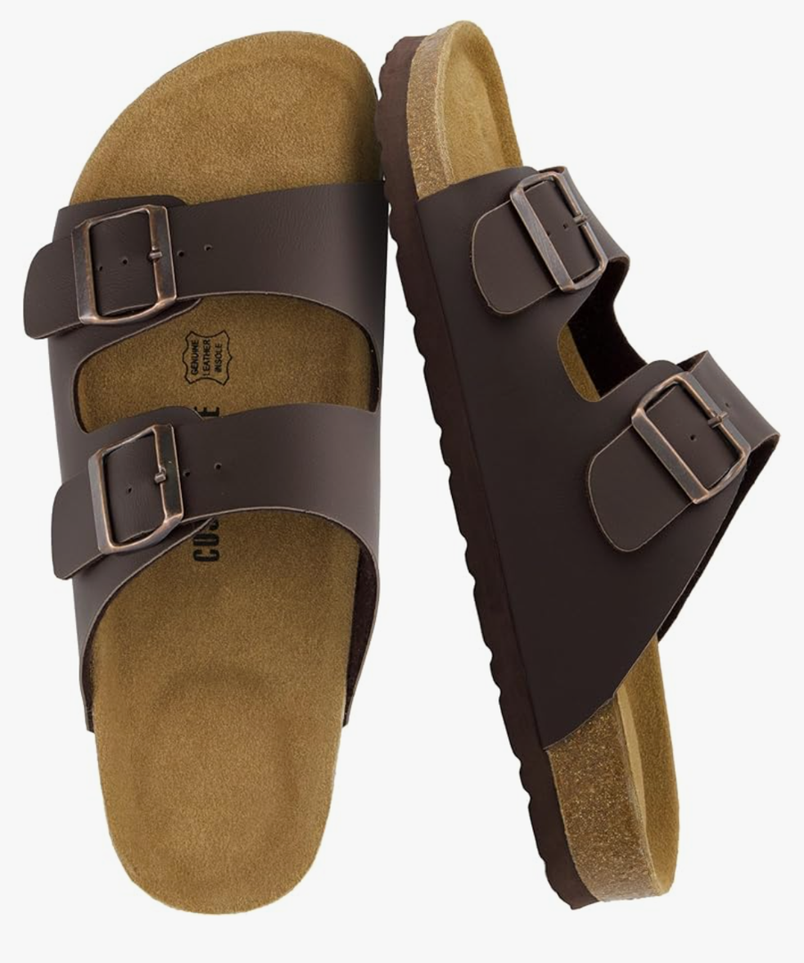 CUSHIONAIRE Lane Cork Footbed Mens Sandals, Adjustable Buckle Comfort Slides for Men, Genuine Leather Insole Summer Sandals Men Footwear 39