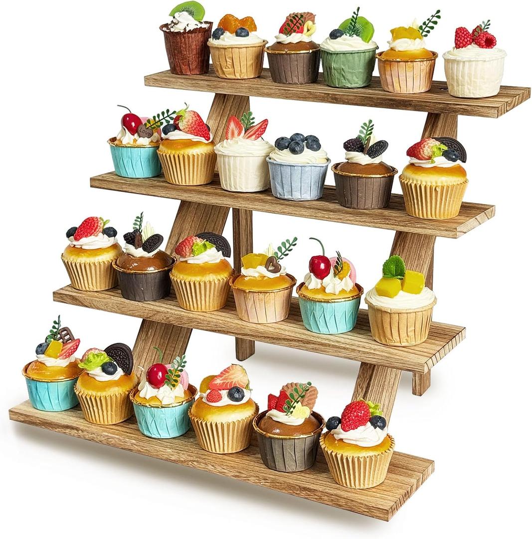 Wooden Cupcake Stand 4 Tier Cupcake Display Stand Rustic Cupcake Table Display for Wedding, Party Desserts,  Wood Color 