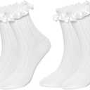Gvhntk 2 Pair Women's Ruffle Socks Mid-Calf Lace Ruffle Frilly Ankle Socks Soft Stretchy Comfortable Cotton Princess Socks (White)