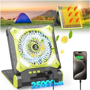 25000mAh Solar Powered Camping Fan,Portable Rechargeable Battery Powered Travel Fan with LED Lantern,Beach Essentials for Hurricane Emergencies, Hiking,Worksite Cooling (Green)
