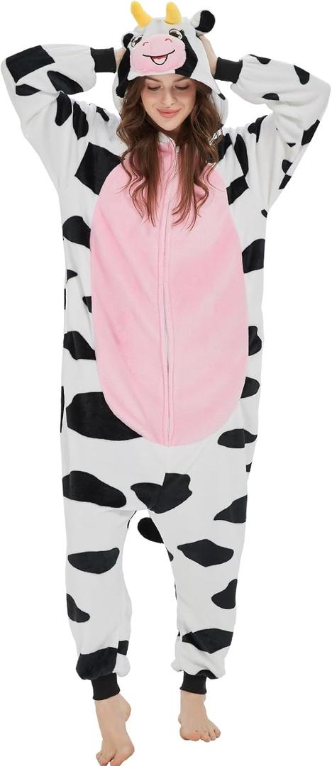 SWEETXIN Adult Unisex Onesie Pajamas Halloween Christmas Cosplay Costume Suit for Women and Men (X-Large, Cow)