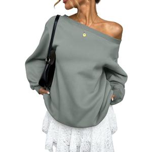 Womens Fleece Lined Sweatshirt Off Shoulder Long Sleeve Pullover Top Oversized Shirt Basic Slouchy Clothes 2026 (X-Large, Dusty Green)