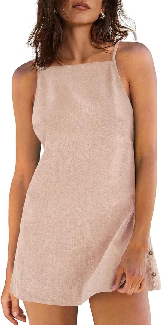 Yanekop Womens Linen Mini Dress Spaghetti Strap Short Beach Summer Dresses Sleeveless Sundress Open Back Dress (Small, Light Pink)