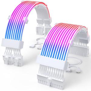 Sirlyr RGB PSU Cable Extension,ARGB PC Power Supply Cable with Soft LED Stripes and PVC Sleeved Extend Cable,16AWG 24 Pin ATX Dual 8 Pin PCIE Set