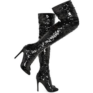 CAMSSOO Thigh High Boots Women's Sequins Over The Knee Boots Fashion Sexy High Heels Sparkle Thigh High Boots Open Toe Party Dance Stiletto Knee High Boots (10, Black)