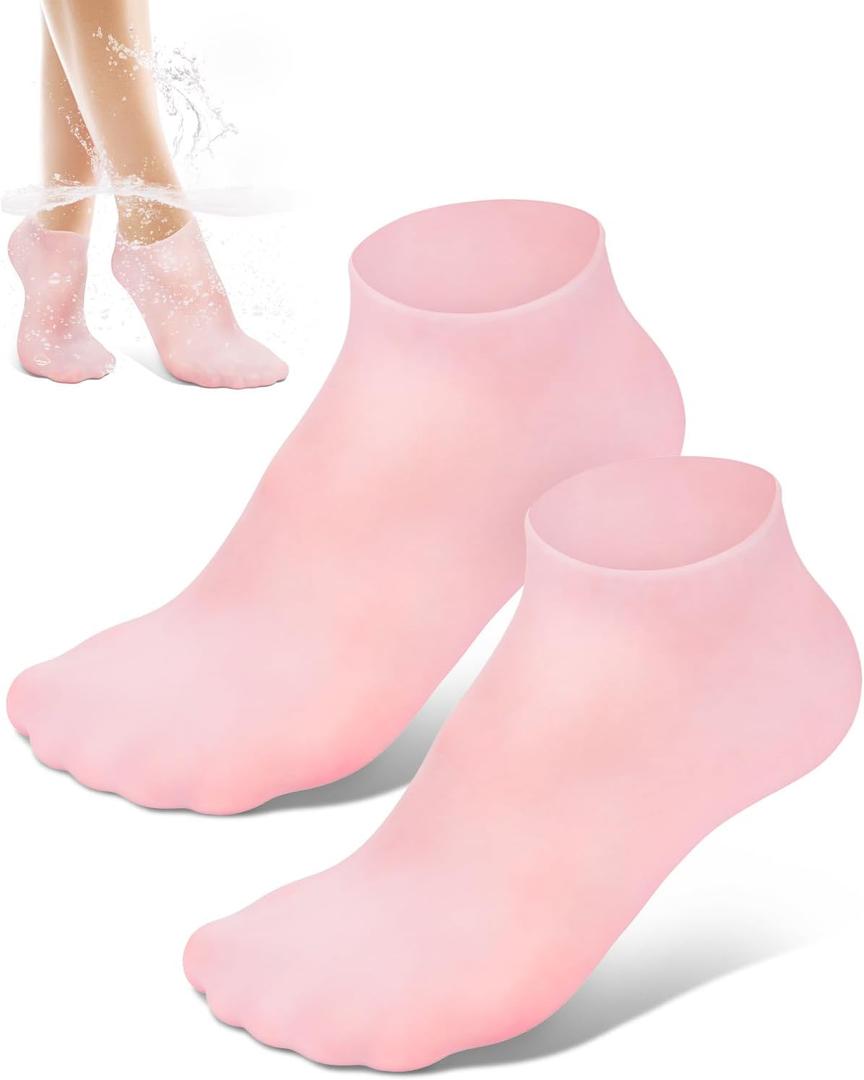 Golbylicc Silicone Moisturizing Socks for Women Dry Cracked Feet, Soft Gel Rubber Socks, Foot Care Spa Pedicure Silicone Socks for Cracked Heel and Softening Rough Skin, Calluses (1 Pair), Pink (Medium)