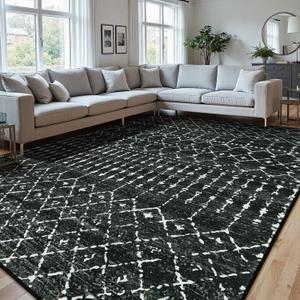 Beeiva Moroccan Area Rugs for Living Room 8x10, Soft Low Pile Washable Rug with Non Slip Backing, Ultra Thin Farmhouse Geometric Large Carpet for Bedroom, Office - Black