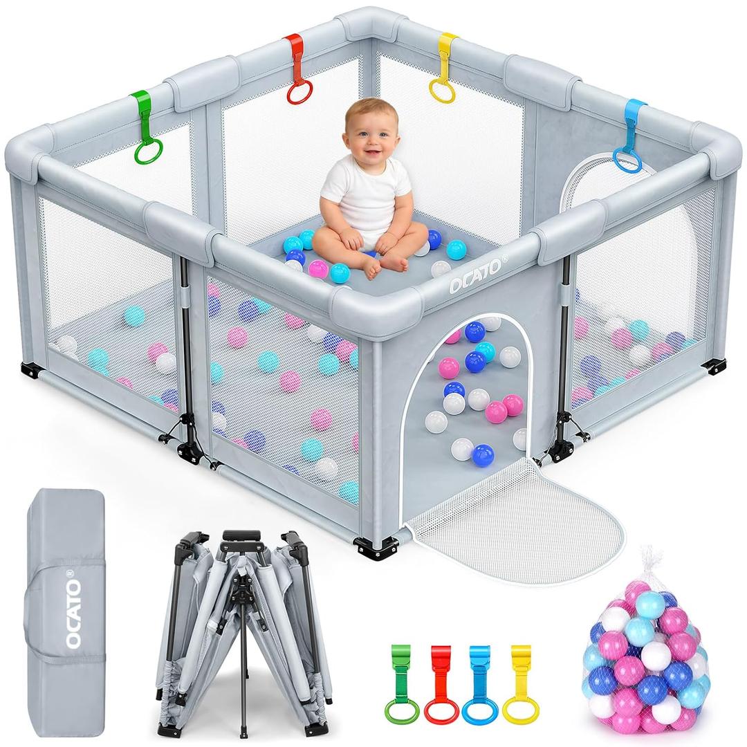 OCATO Baby Playpen: Foldable Playpen for Babies and Toddlers Large Play Pen Portable Playpen Fence Indoor Outdoor Kids Safety Area Travel Play Yard with 1 Storage Bag 4 Handlers 50 Balls (50"  50") (Light Grey)