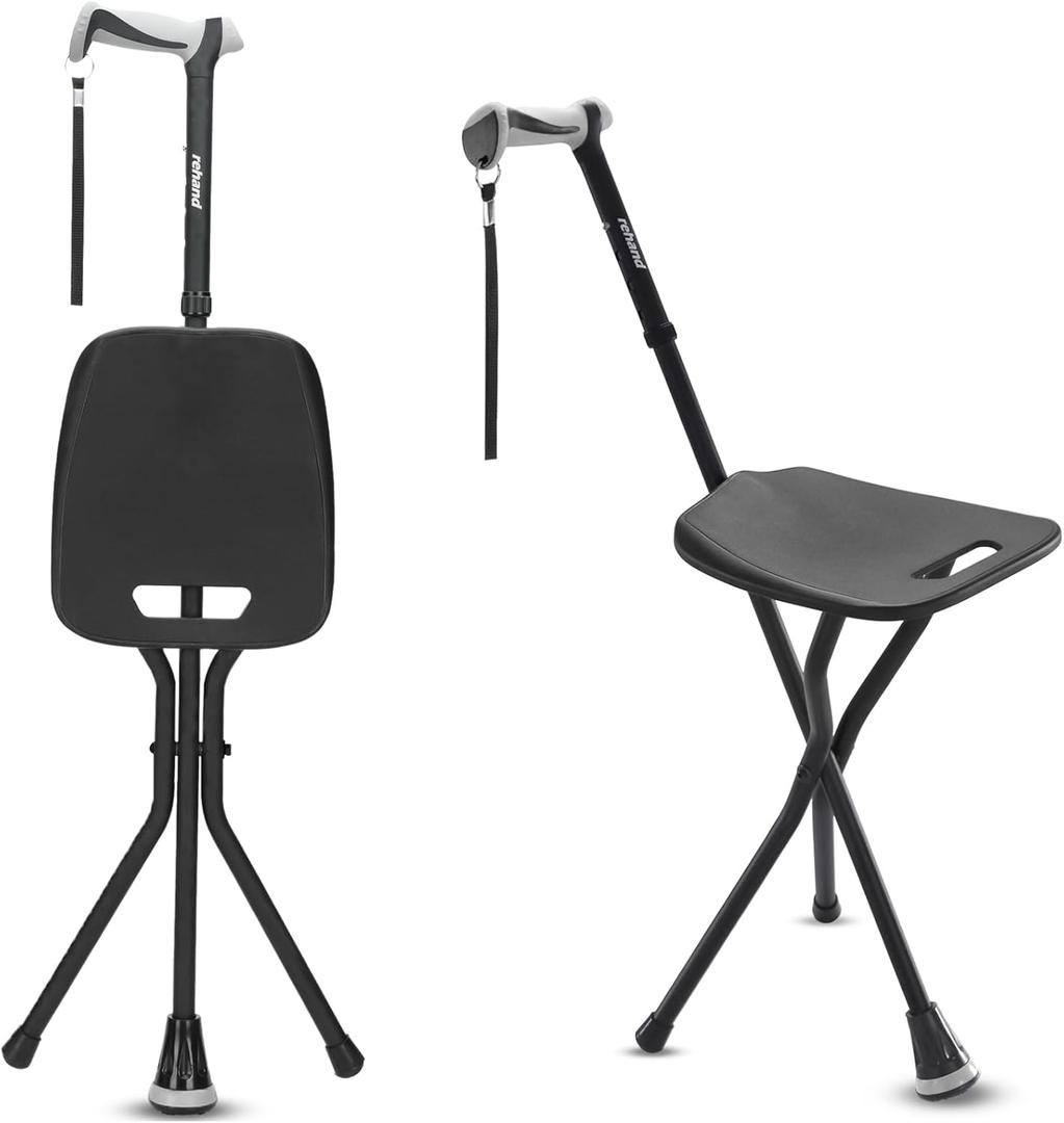 REHAND Walking Cane with Seat,Lightweight Foldable, Adjustable, Collapsible Canes with Stool for Men & Women, Heavy Duty All Terrain Tip, Portable Walking Stick Chair for Seniors & Adults (Black1)