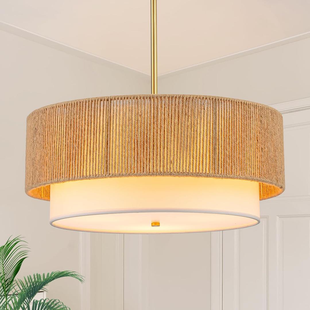 18'' Farmhouse Rattan Chandeliers for Dining Room,3-Light Boho Light Fixtures Rattan Pendant Light Fixture with Fabric Shade Drum Chandeliers for Bedroom Dining Room Foyer Kitchen Hallway (Gold)