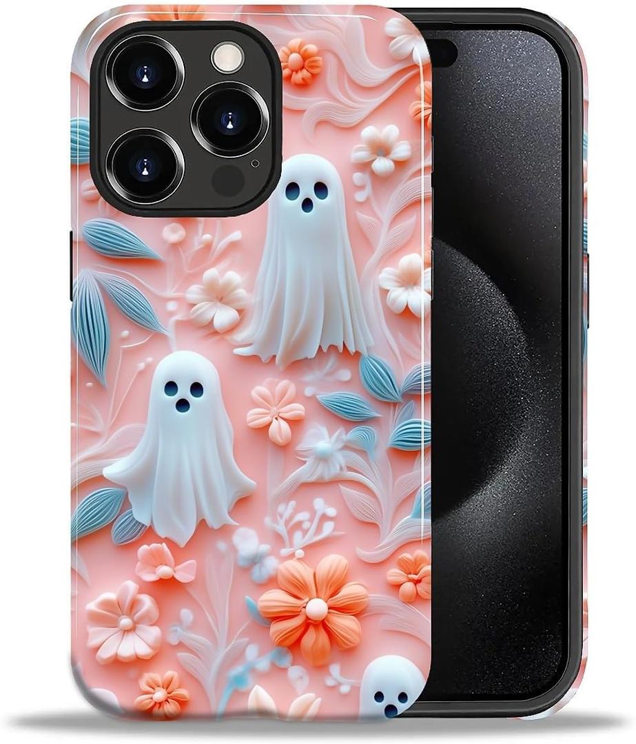 Case for iPhone 15 Pro,Shockproof Hard Shell + Soft Silicone 2 in 1 Hybrid,Shockproof Bumper Drop Protective - Halloween Pink Ghost Floral