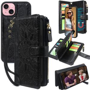Harryshell Compatible with iPhone 14 / iPhone 13 6.1 inch 5G Wallet Case Detachable Magnetic Cover Zipper Cash Pocket Multi Card Slots Holder Wrist Strap Lanyard Floral Flower (Black)