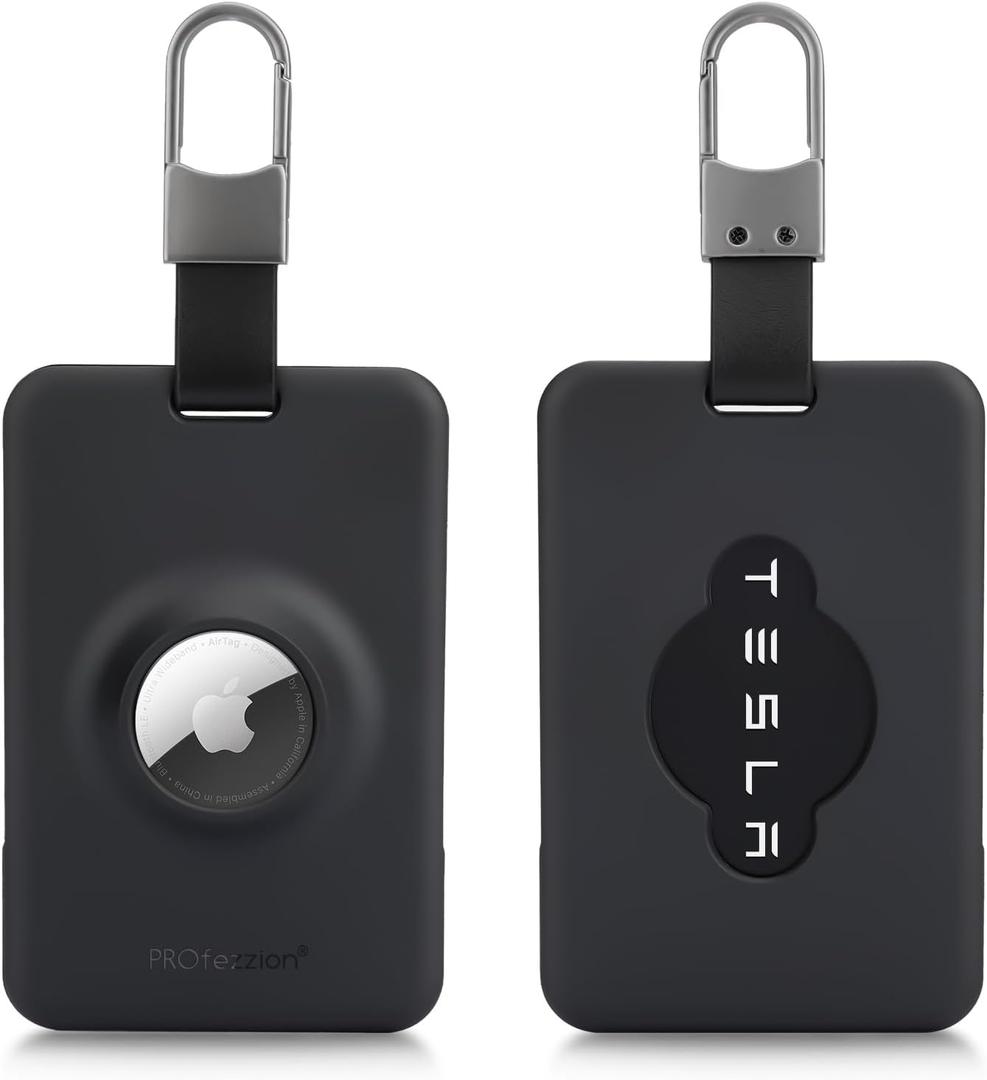PROfezzion Tesla Key Card Holder with AirTag Slot, AirTag Tesla Card Plastic Card Key Holder for Model 3 Y S X Cybertruck with Keychain Key Rings, Key Card Protective Case Cover for Tesla - 2 Pack (Black + Black)
