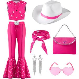 Spooktacular Creations Halloween Child Girl Pink Cowgirl Costume, Kids 70s 80s Hippie Disco Outfits with Hat Handbag Scarf Earrings Sunglasses for Holiday Dress Up Cosplay Party, Large