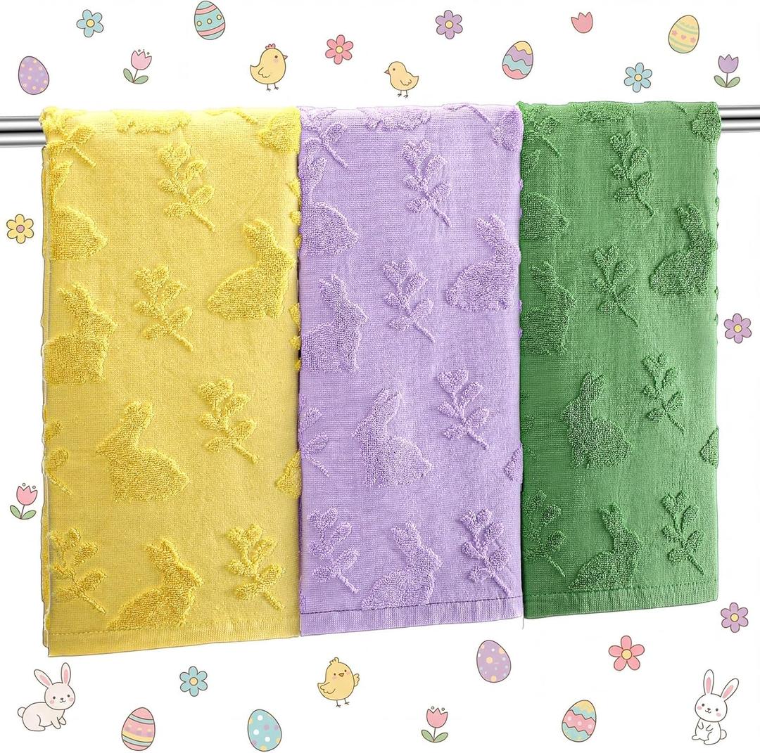 Gilprop 3 Pcs Pastel Spring Hand Towels Set of 3 for Bathroom, Soft Jacquard Cotton Decorative Bathroom Towels with Bunny Design for Kitchen and Home Decor, Absorbent and Decorative