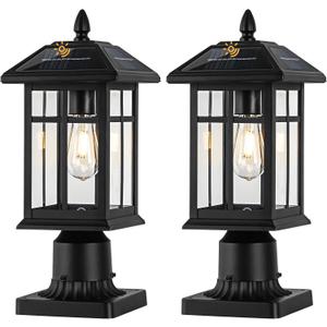 Solar Post Lights 2 Packs, Waterproof Post Lantern with Pier Mount Base, Aluminum Post Lamp Warm White Bulb Included for Yard Garden Pillar Pole Pathway (Black)