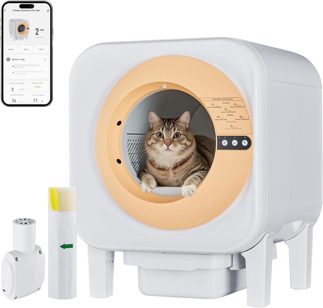 Automatic Cat Litter Box Self Cleaning with App Control, 75l Large Cat Litter Box for Multi-Cat Homes, Infrared Sensing & Weight Sensors, Easy Cleaning, Odor Eliminator, Trash Bags, Orange