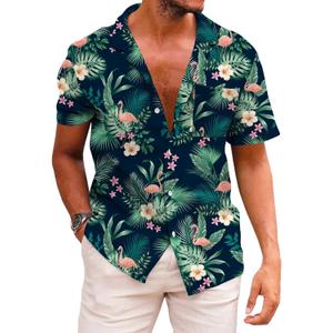 KYKU Funky Hawaiian Shirt for Men Palm Beach Shirts Tropical Vacation Clothes (Small, Flamingo Green)