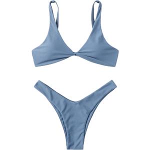 Verdusa Women's Twist Front High Cut Thong Two Piece Bikini Set Swimsuit (Medium, Slate Blue)