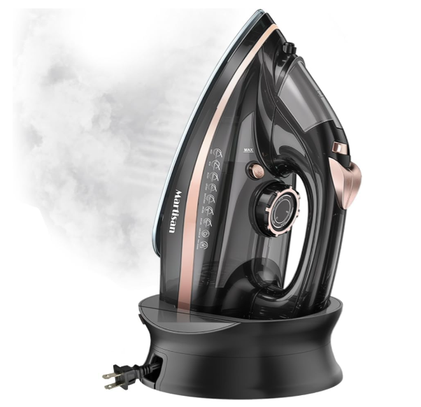 Martisan Cordless Iron for Clothes, 1500W, Wireless, Rapid Heating, Retractable Cord, Power Charging Base, Ceramic Soleplate, Autooff, Anticalc, Antidrip, Self Clean