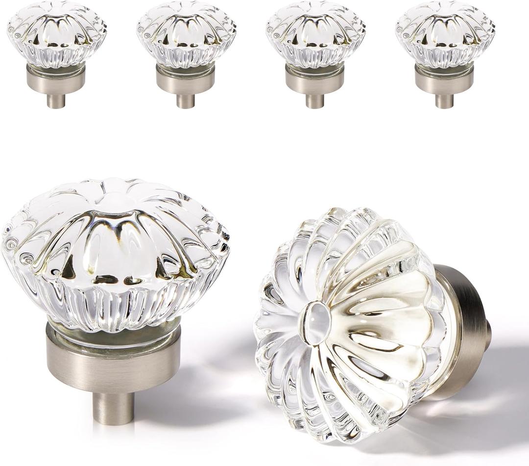 Crystal Vintage Cabinet Knobs Cabinets Knob, 4 Pack Flower Glass Brushed Nickel Clear Crystals Small Pull for Closet Dresser Drawers Cupboard Wardrobe, Solid Retro Pulls Old Fashioned Drawer Handle