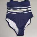 BMJL Women's High Waisted Bikini Ribbed Two Piece Swimsuit High Cut Color Block Adjustable Straps Bathing Suit(M, Navy Blue)