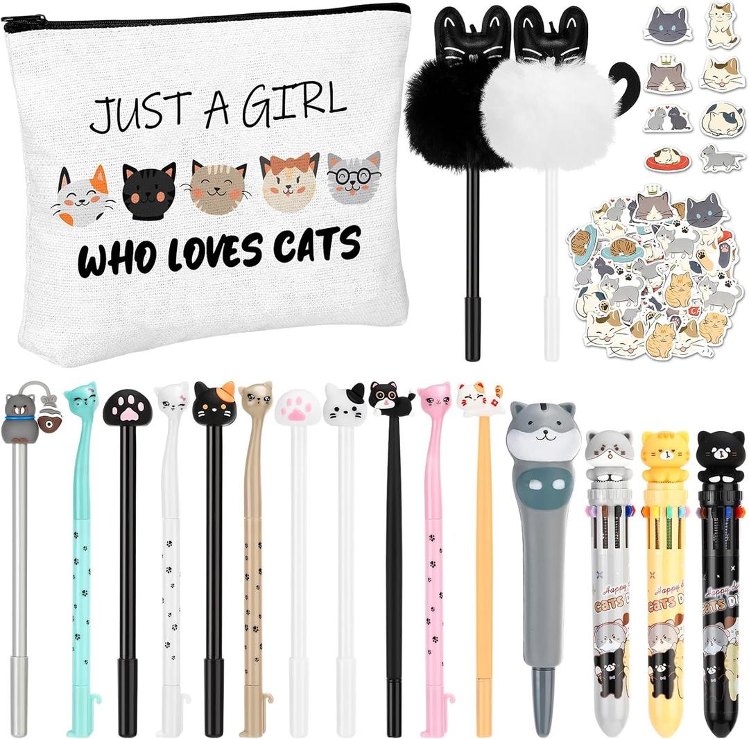 Seajan 63 Pcs Cute Cat Stationery Set Kawaii Kitten Gel Pens Makeup Bag Pencil Pouch Stickers for Cat Lover Daughter Family Christmas Gifts School Office Classroom Supplies Desk Accessories