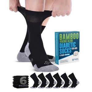 Doctor's Select Bamboo Viscose Black Diabetic Socks for Men - 6 Pairs Crew Stretch Top Mens Diabetic Socks | Moisture Wicking Diabetic Neuropathy Socks for Men | Black