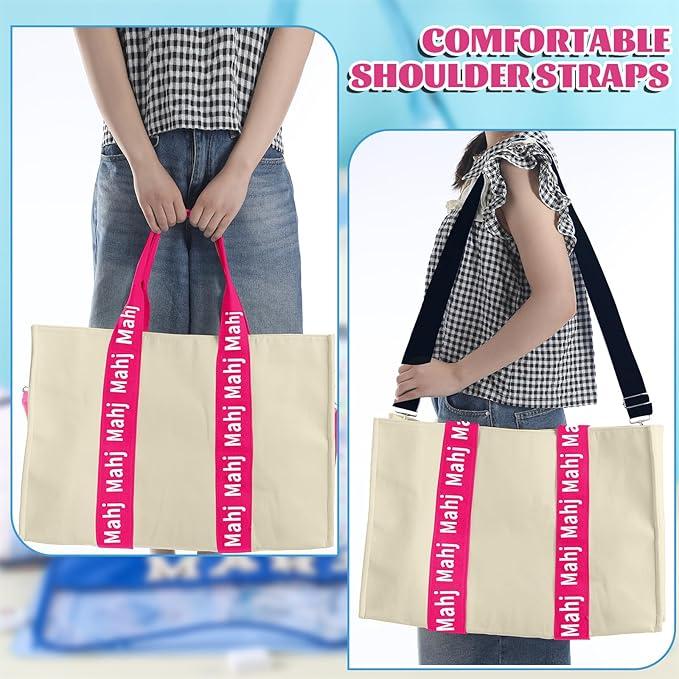 Locmeo Empty Mahjong Bag for Tiles 22x15x6 Inches Thickened Canvas Mahjong Carrying Tote Bag with Lining and Thicker Handle for Enthusiasts Women or Men Party Supplies, Case Only(White and Pink)